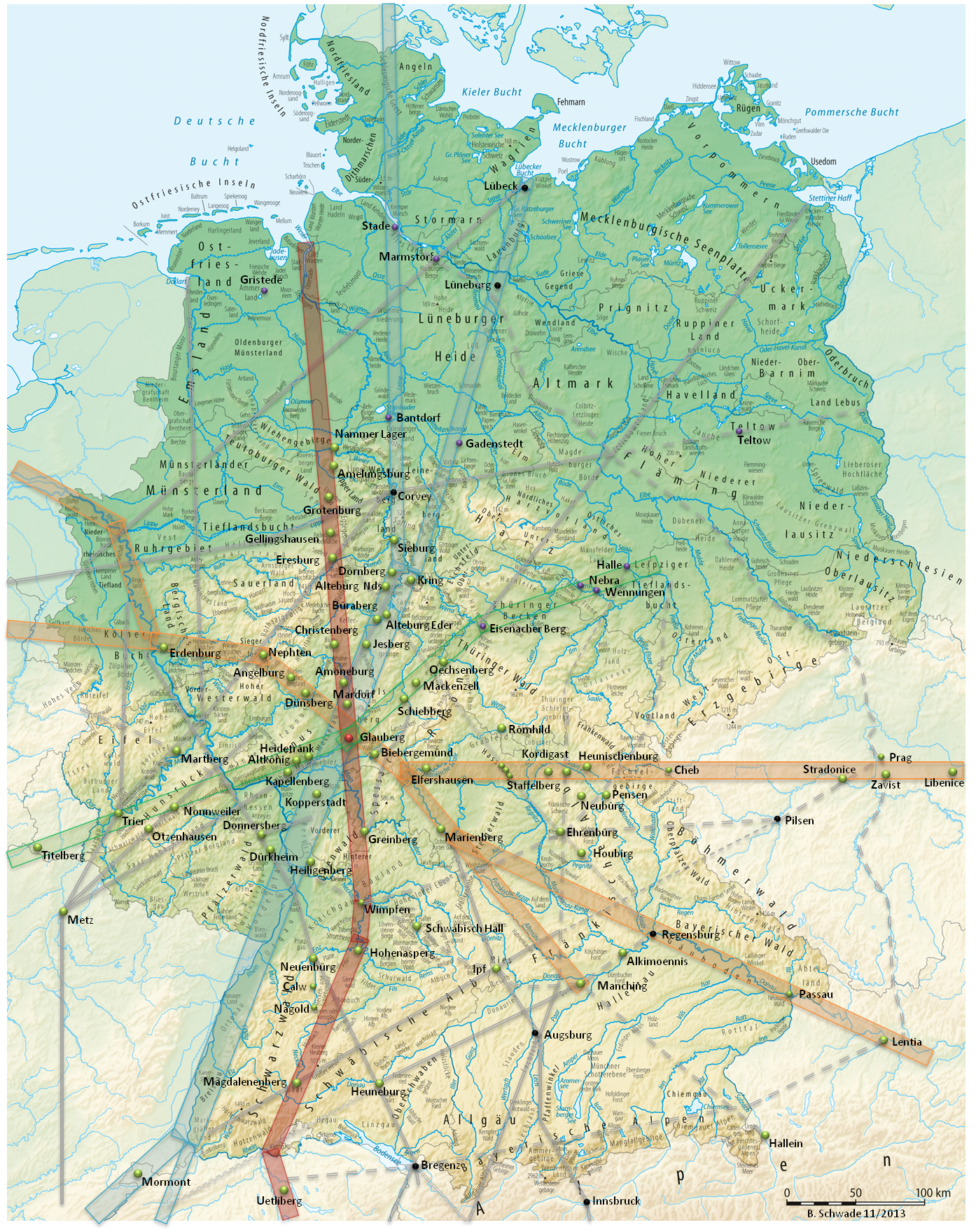 Handelsrouten am Glauberg mit wichtigen Routen zu anderen keltischen Fürstensitzen und keltischen Oppdia (Karte von Bernhard Schwade).