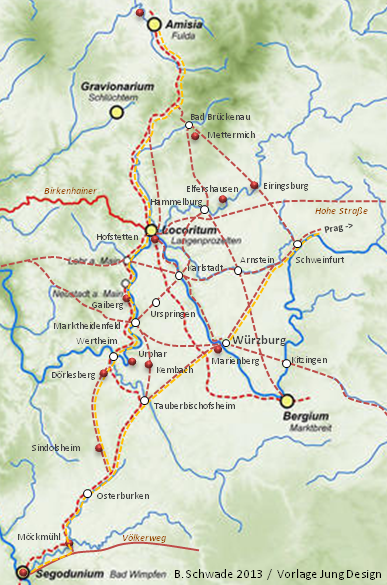 Main-Sinntal Route von Bad Wimpfen über Osterburken, Wertheim und Langenprozelten nach Fulda
		bzw. Würzburger Straße von Bad Wimpfen über Osterburken, Tauberbishofsheim und Würzburg nach Prag.
