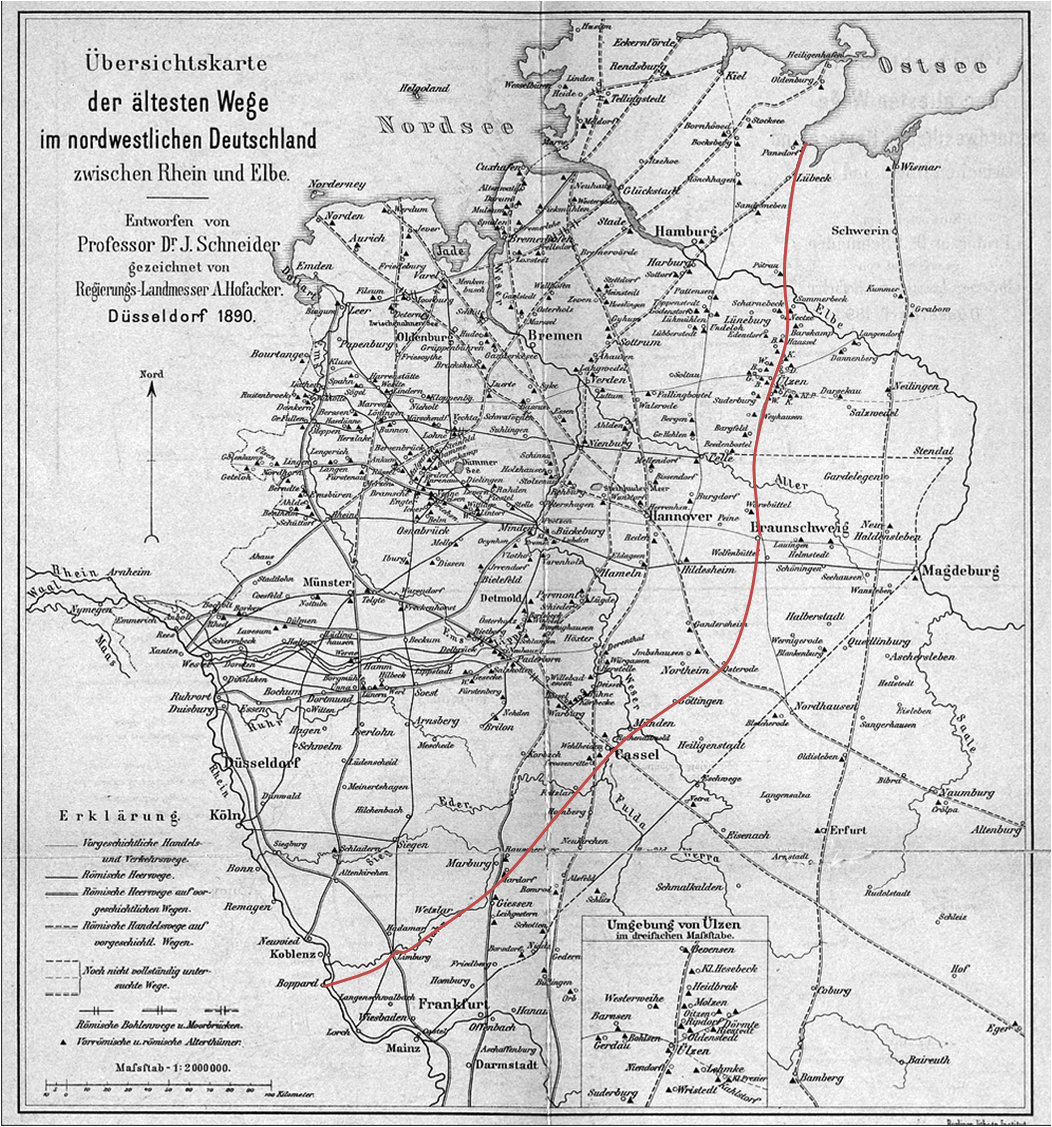 Römischer Lahnweg in einer alten Karte von Prof. Dr. Schneider eingezeichnet.