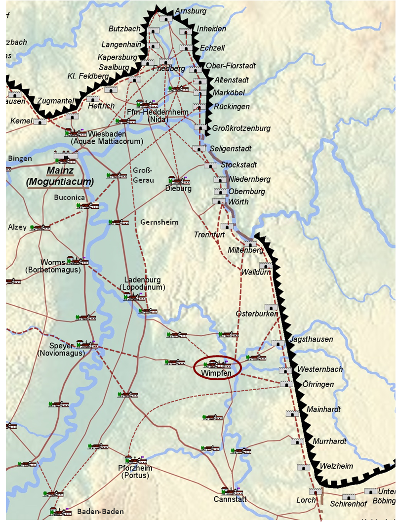Landkarte mit Limes und Römerwegen rund um Bad Wimpfen