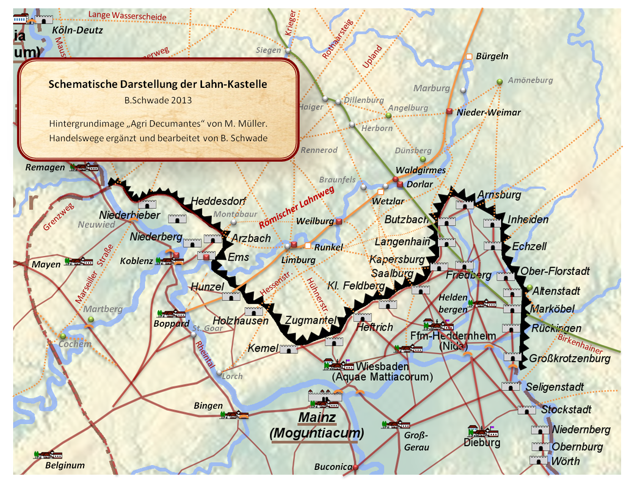 Der rmische Lahnweg verband die Lahn-Kastelle in Boppard, Hunzel, Limburg, Weilburg, Dorlar und Nieder-Weimar und
		wurde in der Hhe des rmischen Forums Waldgirmes von einem wichtigen vorrmischen Fernweg, der die Donau mit dem Rhein verband, gekreuzt.