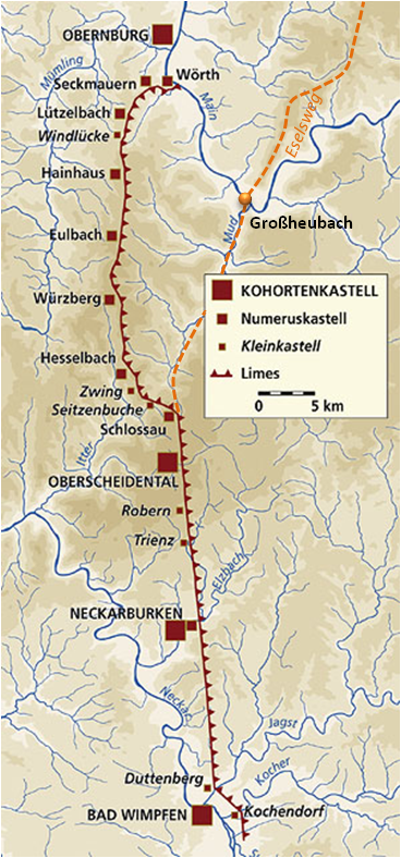 Hinterer Odenwaldlimes von Bad Wimpfen ber Neckarburken und Oberscheidental nach Wrth am Main und
		Eseslpfad von Groheubach ber den Spessart.