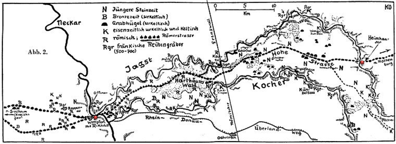 Die Vlkerstrae (Hohe Strae) von Bad Wimpfen nach Rothenburg o.d.Tauber verlief auf den Hhen zwischen Jagst und Kocher.
