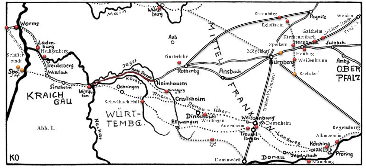 Der Vlkerweg von Speyer ber Bad Wimpfen, Rothenburg o.d. Tauber, Nrnberg nach Prag.